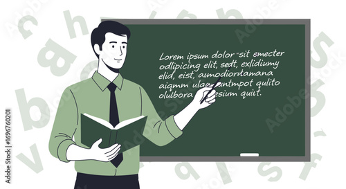 Educator Presenting Lesson On A Chalkboard With Literary Snippets And An Accompaning Book