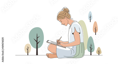 Creative Illustrator Sketching Outdoors, Capturing Inspiration in a Nature-Inspired Setting