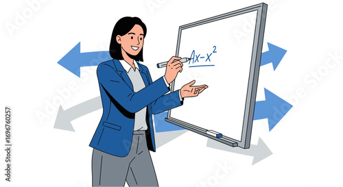 Educator Presenting Mathematics Equation with Directional Arrows and Expressive Presentation