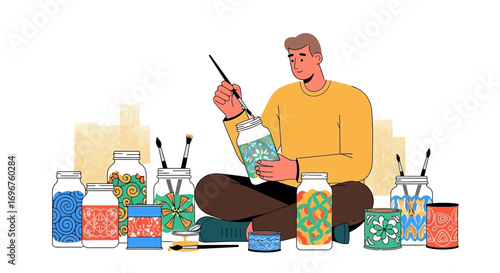 Creative Individual Painting Decorative Jars While Immersed In An Artistic And Relaxing Activity
