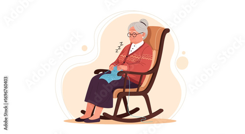 Elderly Lady Napping While Knitting in Wooden Rocking Chair, Peaceful Domestic Scene