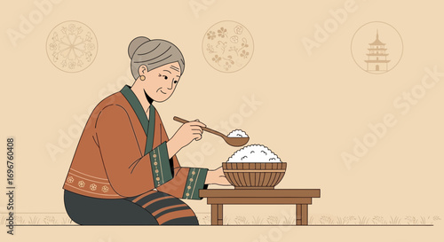 Elderly Lady Preparing Rice in a Traditional Bowl with Decorative Background Elements