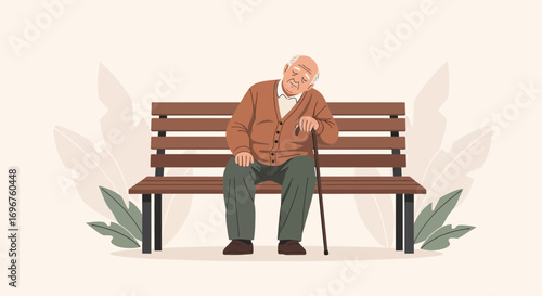 Elderly Man Sitting on Park Bench, Resting, A Moment of Quiet Contemplation Outdoors