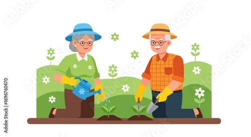 Elderly People Enjoying Their Leisure Time Together by Gardening and Planting in the Garden