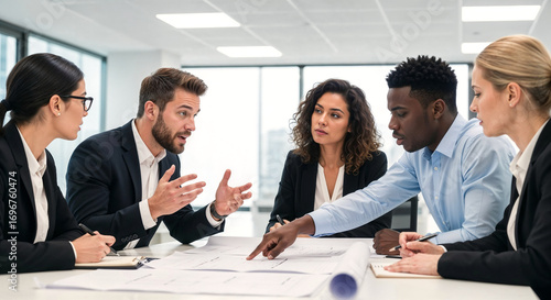 Multiethnic business team in heated discussion around project plans in modern office