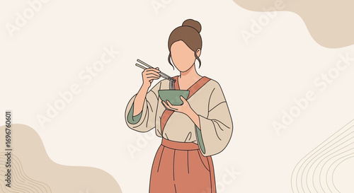 Elegant Asian Woman Enjoying Noodles, Minimalist Illustration Depicting Healthy Eating