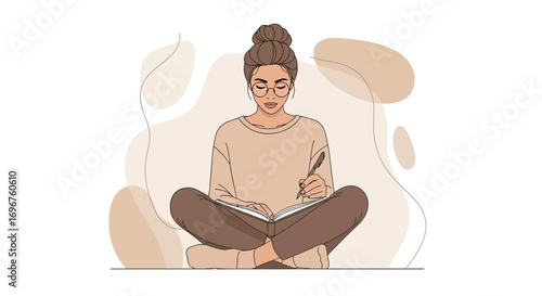Creative Woman Meditating And Writing In Notebook Peaceful And Thoughtful Illustration