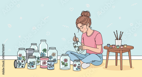 Creative Woman Painting Flowers On Jars, Crafting Handmade Art And Decorating