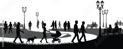 Silhouette of People Walking, Holding Hands, Pushing Baby Stroller, Walking Dog, Sitting on Benches in City Park Landscape