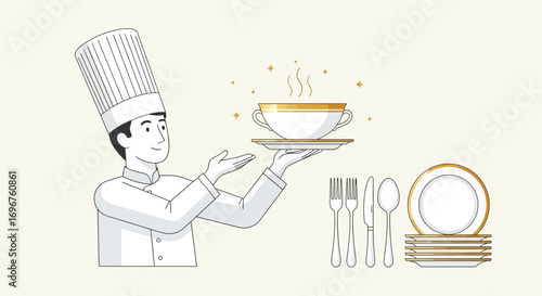 Elegant Chef Presenting Hot Soup and Tableware for Fine Dining Experience Illustration