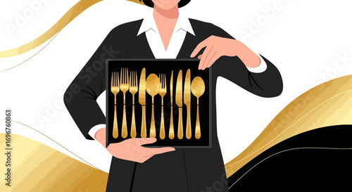 Elegant Culinary Presentation: Golden Cutlery Set Displayed by Sophisticated Individual