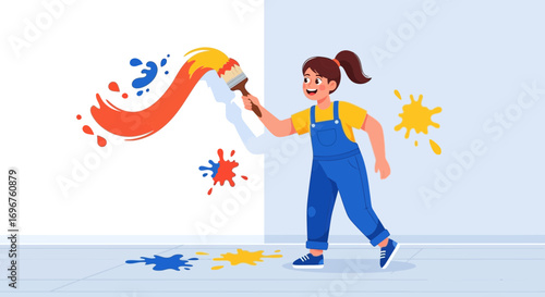 Creative Young Woman Painting Walls, Colourful Splashes, Artistic Expression, Illustration