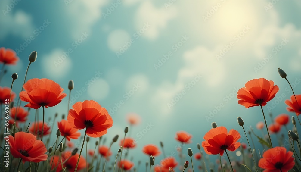 Fototapeta premium Vibrant red poppy flowers blooming in a sunny meadow under a bright blue sky with soft clouds, capturing the beauty of nature, peace, and freshness in a springtime floral landscape