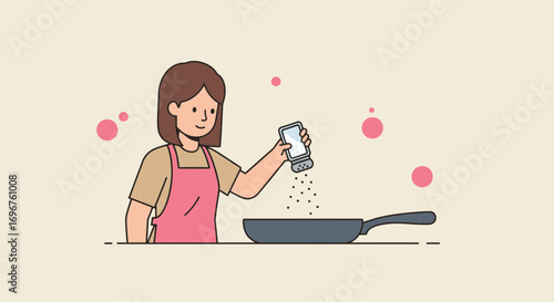 Culinary Artist Adding Flavor, Cooking Illustration of a Meal Preparation Scene, Vector Style