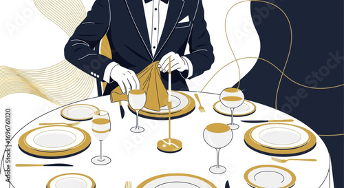 Elegant Dining Experience: Formal Table Setting With Professional Waiter Preparing The Service