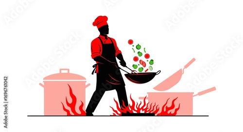 Culinary Artist Fervently Cooking Delicious Food With Fresh Ingredients and Flames