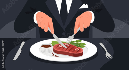 Elegant Dining Experience Depicted: A Person Savors Gourmet Steak with Refined Utensils