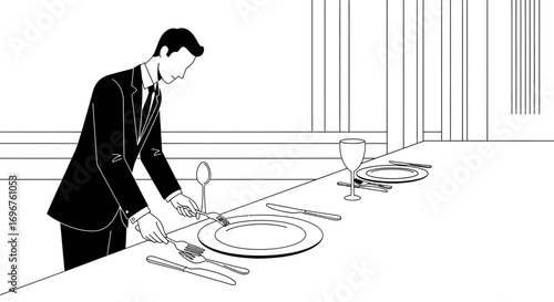 Elegant Dining Illustration: A Server Setting the Table with Utensils and Grace