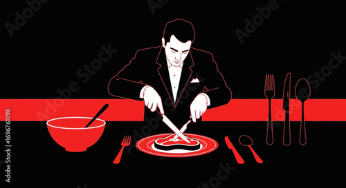 Elegant Dinner: A Man Cuts Into Steak In Minimalist Design