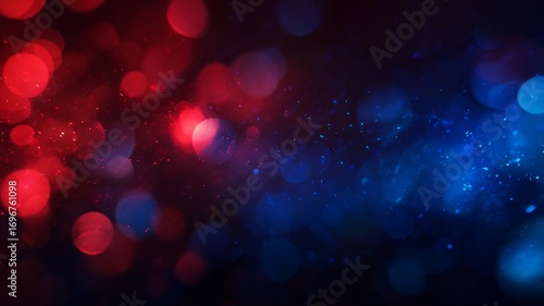 Vibrant bokeh lights in red and blue. AI generated