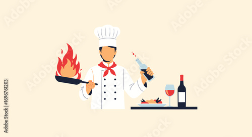 Culinary Chef Demonstrating Cooking Skill, Food Preparation and Wine Selection