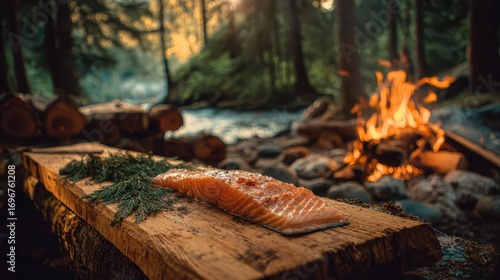 Cedar Plank Salmon Cooked Over Campfire in Forest.