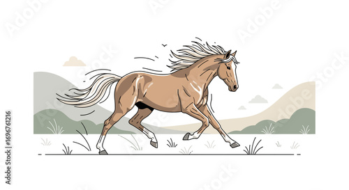 Elegant Horse Galloping Across a Peaceful Landscape in Minimalistic Artistic Style
