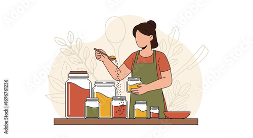 Culinary Composition: A Woman Crafting Spices and Flavoring in the Kitchen Setting
