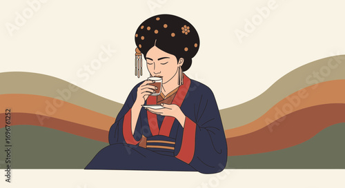 Elegant Japanese Woman Sipping Tea: A Tranquil Moment of Serenity and Japanese Culture