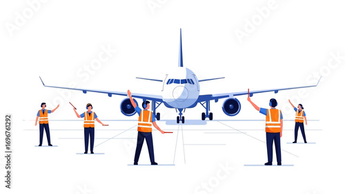 Guiding Aircraft: A ground crew expertly guides an aircraft on the runway, using hand signals to ensure safe and efficient navigation. capturing the precision and teamwork of airport operations.