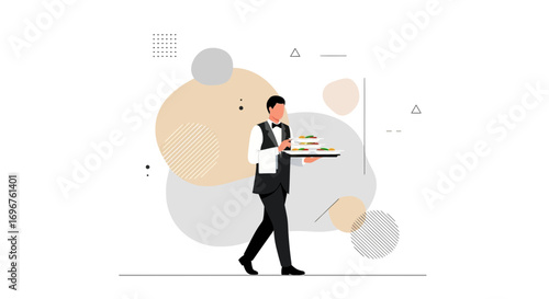 Elegant Server Carrying Plates of Appetizers Against Abstract Background Illustration