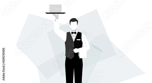 Elegant Server Holds a Tray Stacked With White Plates In A Sophisticated Monochrome Design