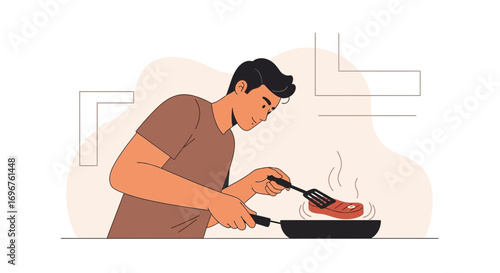 Culinary Enthusiast Cooking A Steak In A Frying Pan, Preparing Dinner In The Home