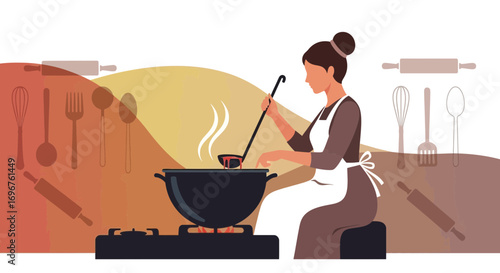 Culinary Creation: Woman's Cooking Endeavor, Simmering A Delightful Delicacy
