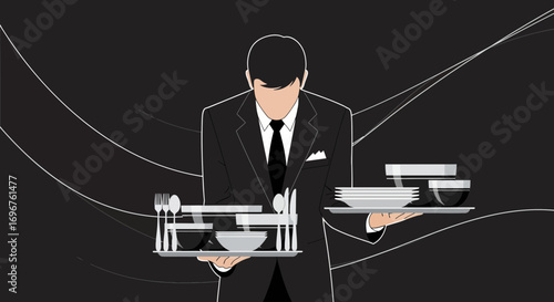 Elegant Server Presenting Fine Dining Serveware on Trays with a Stylish Monochrome Ambience