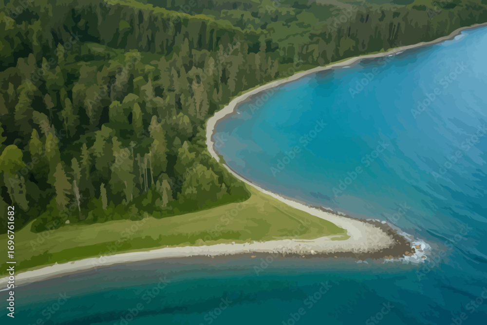 Fototapeta premium Stunning aerial view of a remote coastline where the lush green forest meets the calm turquoise sea.