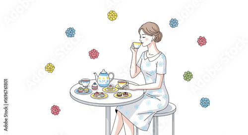 Elegant Woman Enjoying Tea Time with Cakes and Delicately Decorated Flowers Around