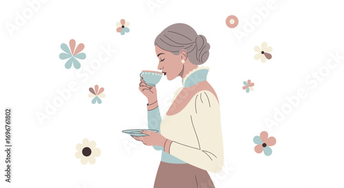 Elegant Woman Enjoying Tea Surrounded by Flowers, A Moment of Serenity and Calmness