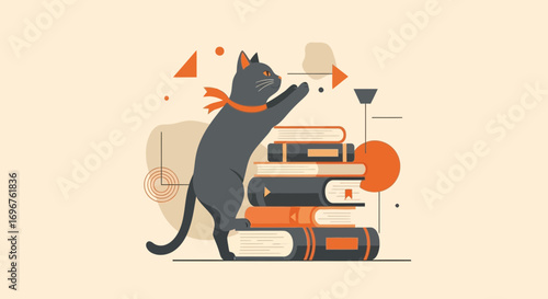 Curious Cat Reaching For Stacks Of Books, Adorable Animal Reading And Learning