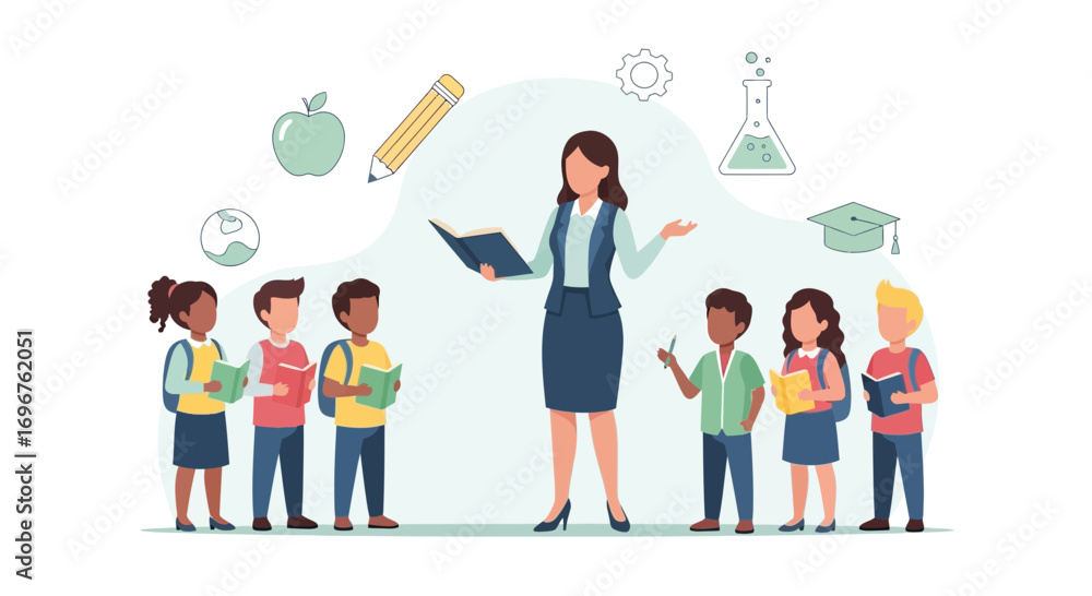 Fototapeta premium Elementary Classroom Scene Teacher Guiding Students In Educational Environment