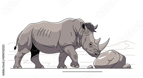 Curious Detective Rhino Investigating Stone And Landscape In This Unique Artistic Illustration
