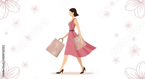 Elegantly Dressed Woman Shopping With Floral Bags And Flowers Background