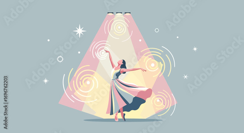 Enchanting Ballerina Dance Under Stage Lights With Glowing Spiral Effects and Subtle Star Dust