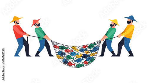 Collective Catch: A team of determined fishermen pull a net brimming with an assortment of fish, showcasing teamwork and the bounty of the sea.