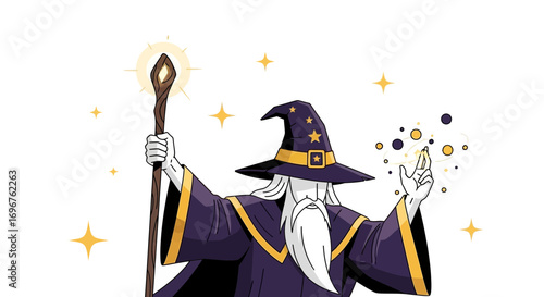 Enchanting Wizard Performing Spell with Powerful Staff, Magical Elements, and Sparkling Stars