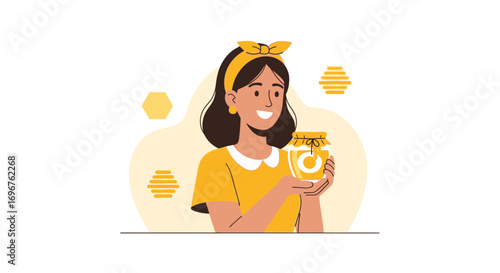 Enchanting Woman Displays Golden Honey Jar Captivating Illustration of Sweetness and Cheer