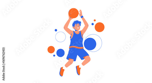 Energetic Basketball Player Leaping With Ball Preparing To Score Points Dynamically