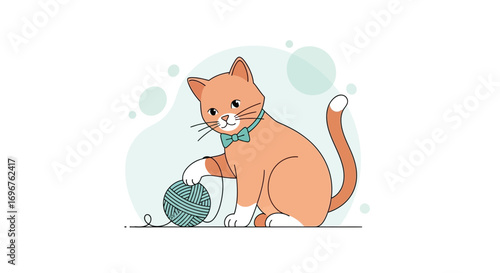Cute Ginger Cat Playing With Ball Of Yarn In Adorable Modern Flat Illustration