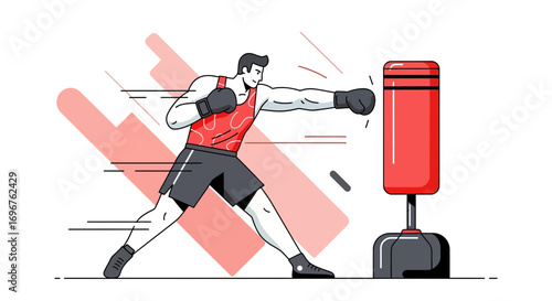 Energetic Boxer Training With Punching Bag With Dynamic Vector Illustration