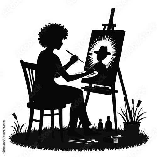 Silhouette of woman painting portrait on easel with supplies